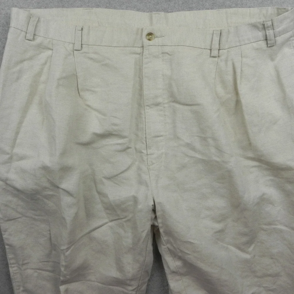Roundtree & Yorke Pants Mens 44x30 Relaxed Fit Linen Cotton Pleated Cuffed Beige